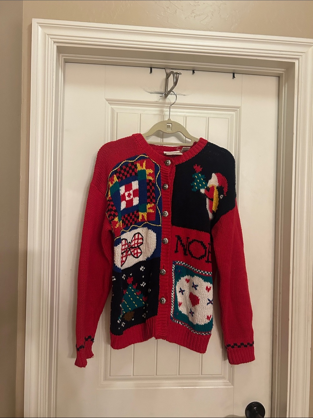 Red Patchwork M Holiday Cardigan Sweater